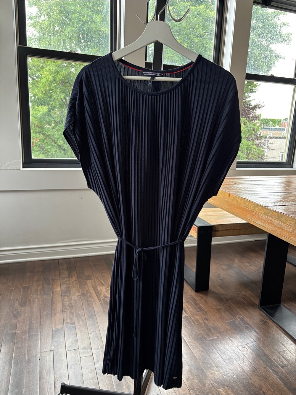 Tommy Hilfiger Navy Pleated Midi Dress with Tie Belt